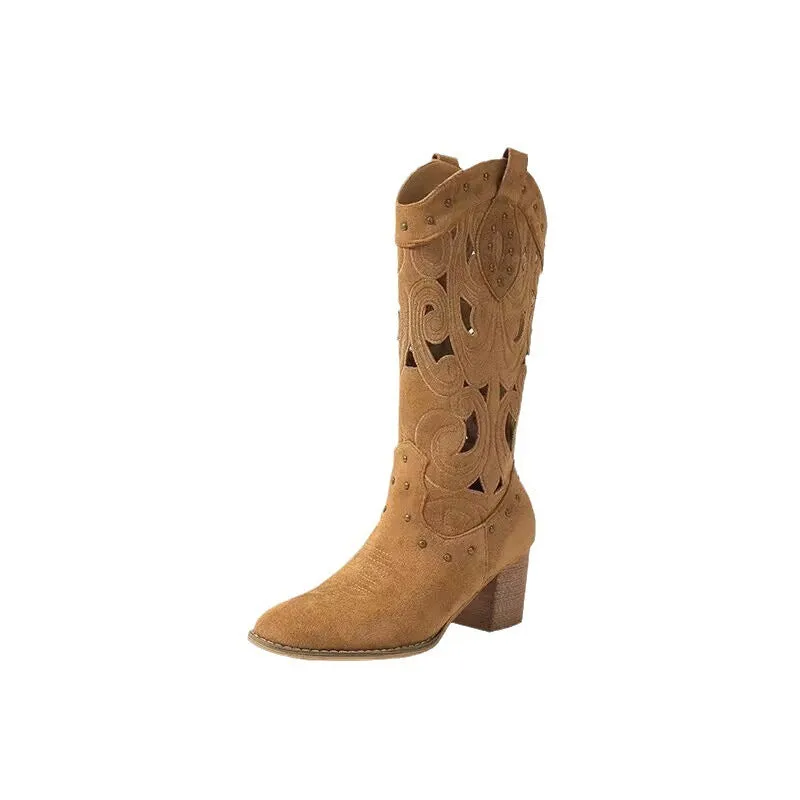 Fashion middle chunky heel Western cowboy boot in khaki, V cut embroidery and hollow out, round toe, rubber sole