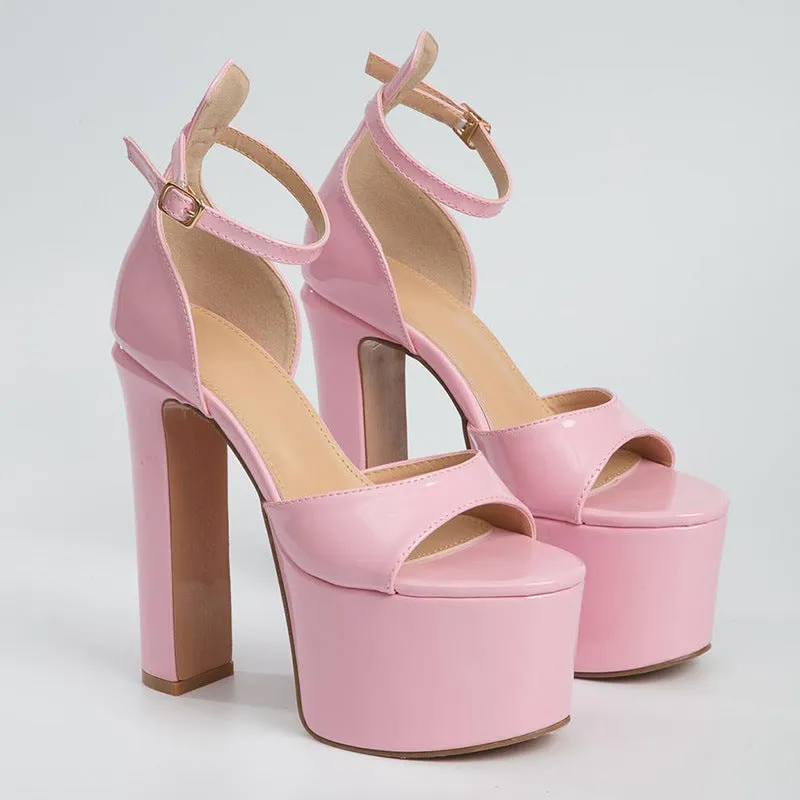Women's waterproof platform super high heel with word buckle in black, pink, and apricot, sizes 35-40