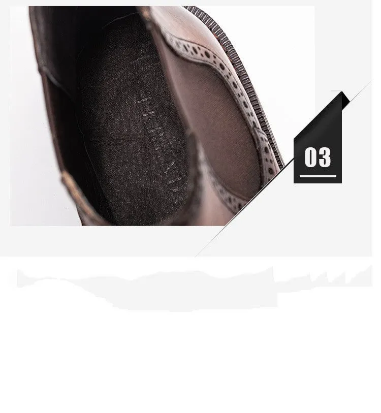 Men's black Chelsea boots with brogue carved genuine leather upper and rubber sole, side view