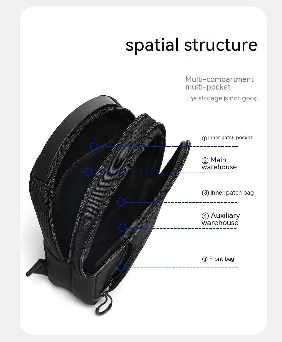 Casual black camouflage print chest bag with adjustable shoulder strap and top handle on a person