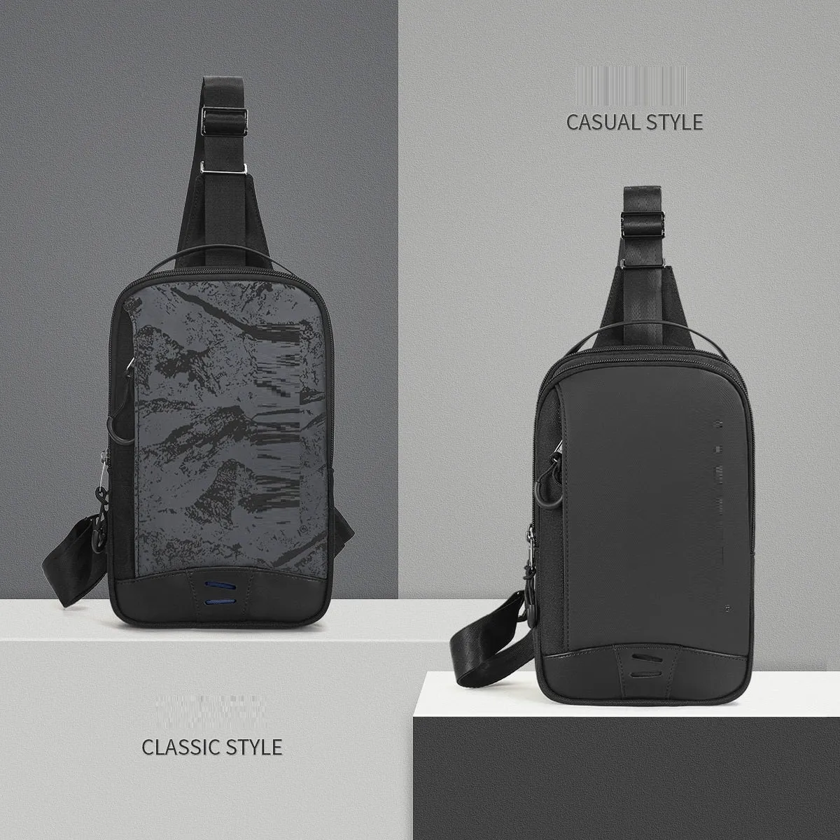 Casual black camouflage print chest bag with adjustable shoulder strap and top handle on a person