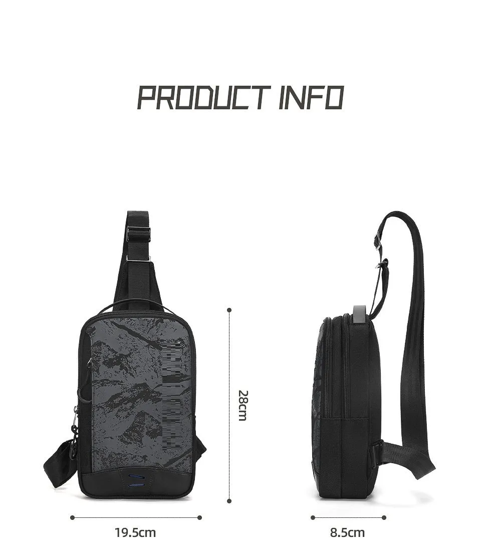 Casual black camouflage print chest bag with adjustable shoulder strap and top handle on a person