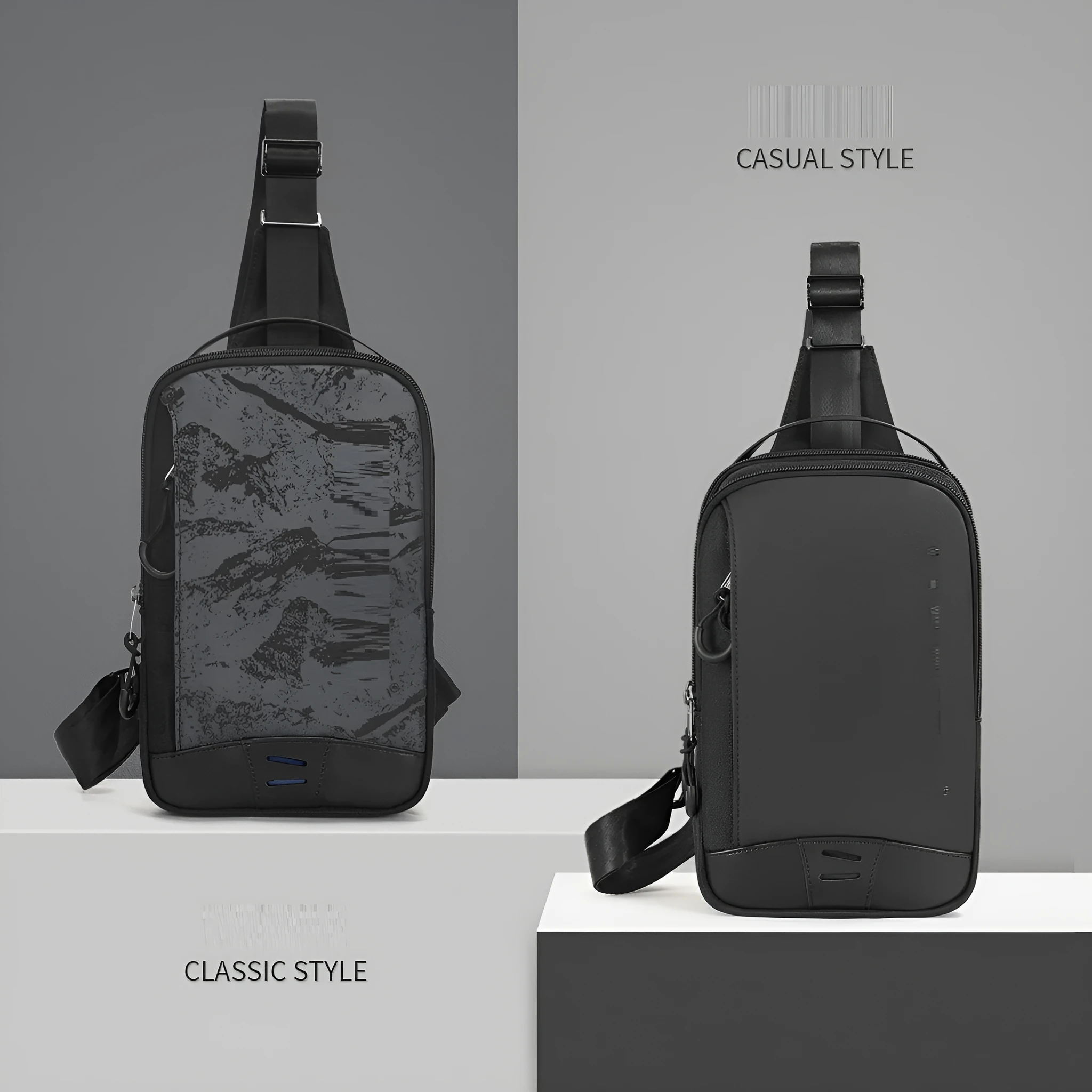 Casual black camouflage print chest bag with adjustable shoulder strap and top handle on a person