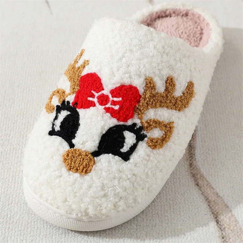Women's non-slip Christmas deer slippers in fox colour with plush upper and TPR sole
