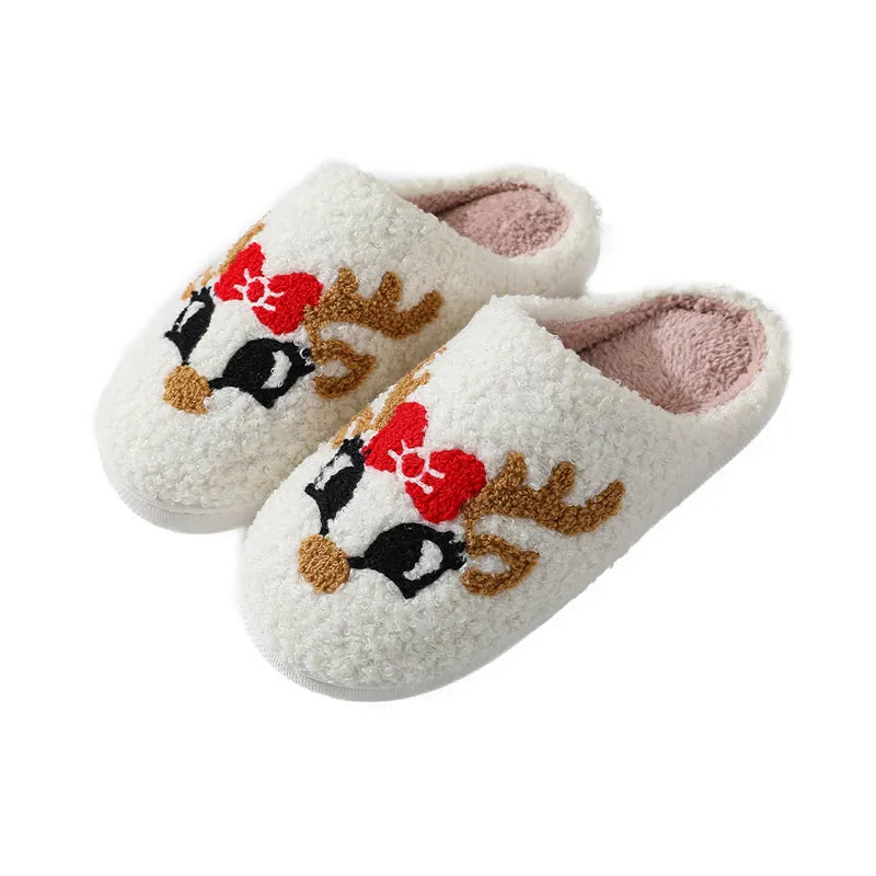 Women's non-slip Christmas deer slippers in fox colour with plush upper and TPR sole