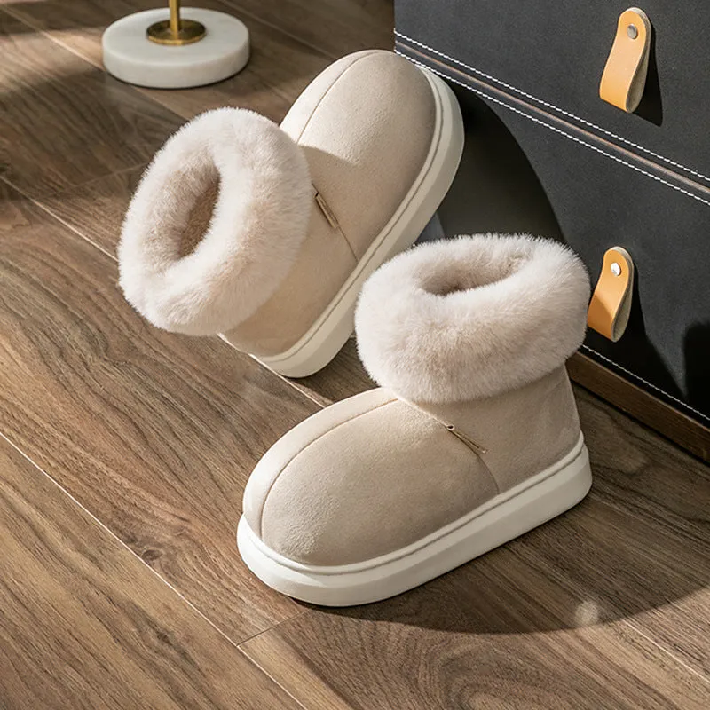 Women's plush winter snow boots with thick EVA sole, round toe, 3cm heel, in beige, green, khaki, pink, red