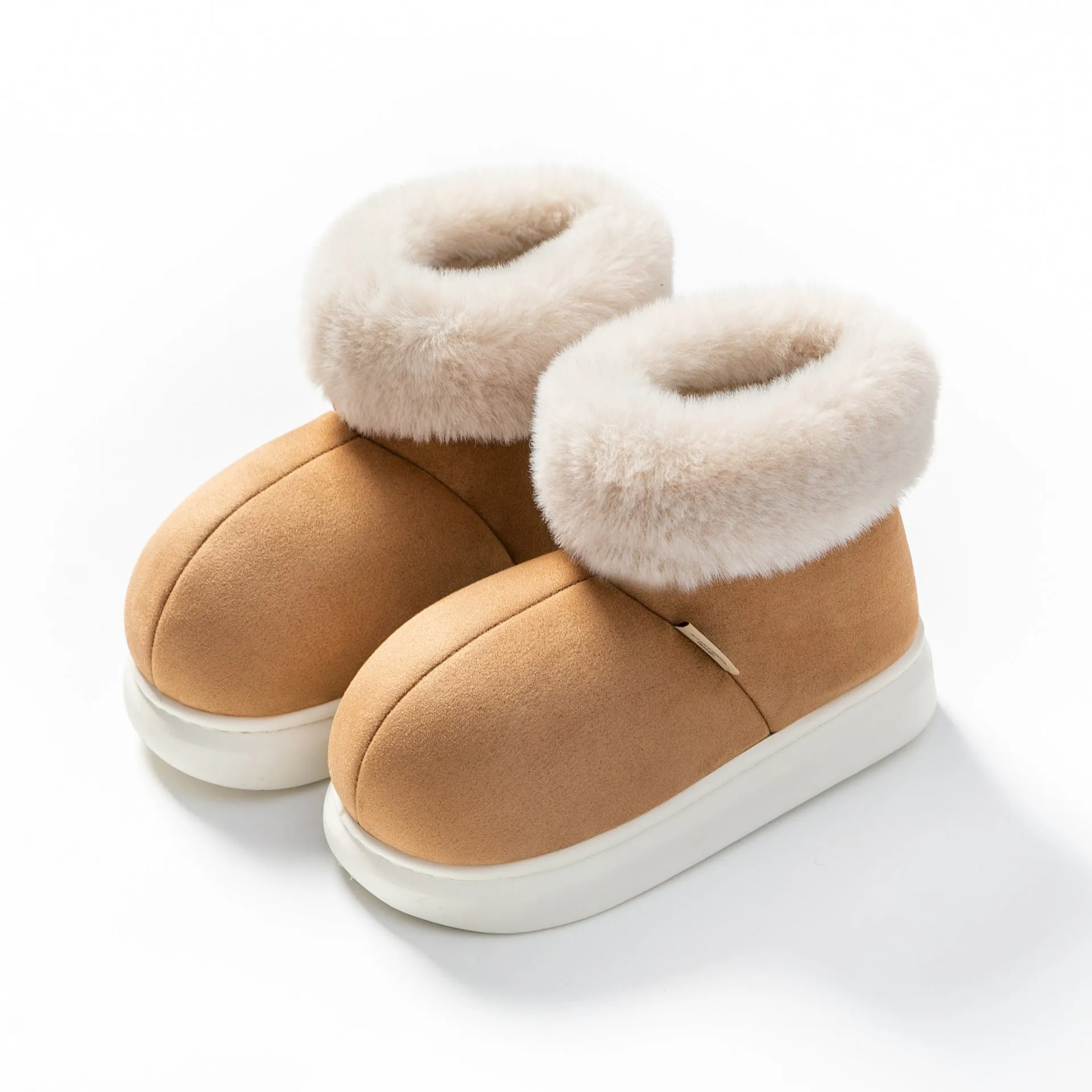 Women's plush winter snow boots with thick EVA sole, round toe, 3cm heel, in beige, green, khaki, pink, red