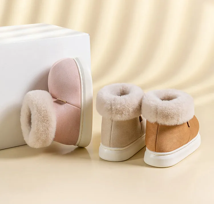 Women's plush winter snow boots with thick EVA sole, round toe, 3cm heel, in beige, green, khaki, pink, red