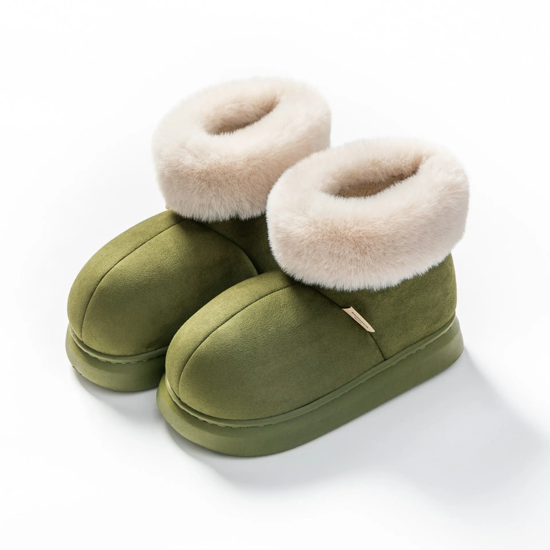 Women's plush winter snow boots with thick EVA sole, round toe, 3cm heel, in beige, green, khaki, pink, red
