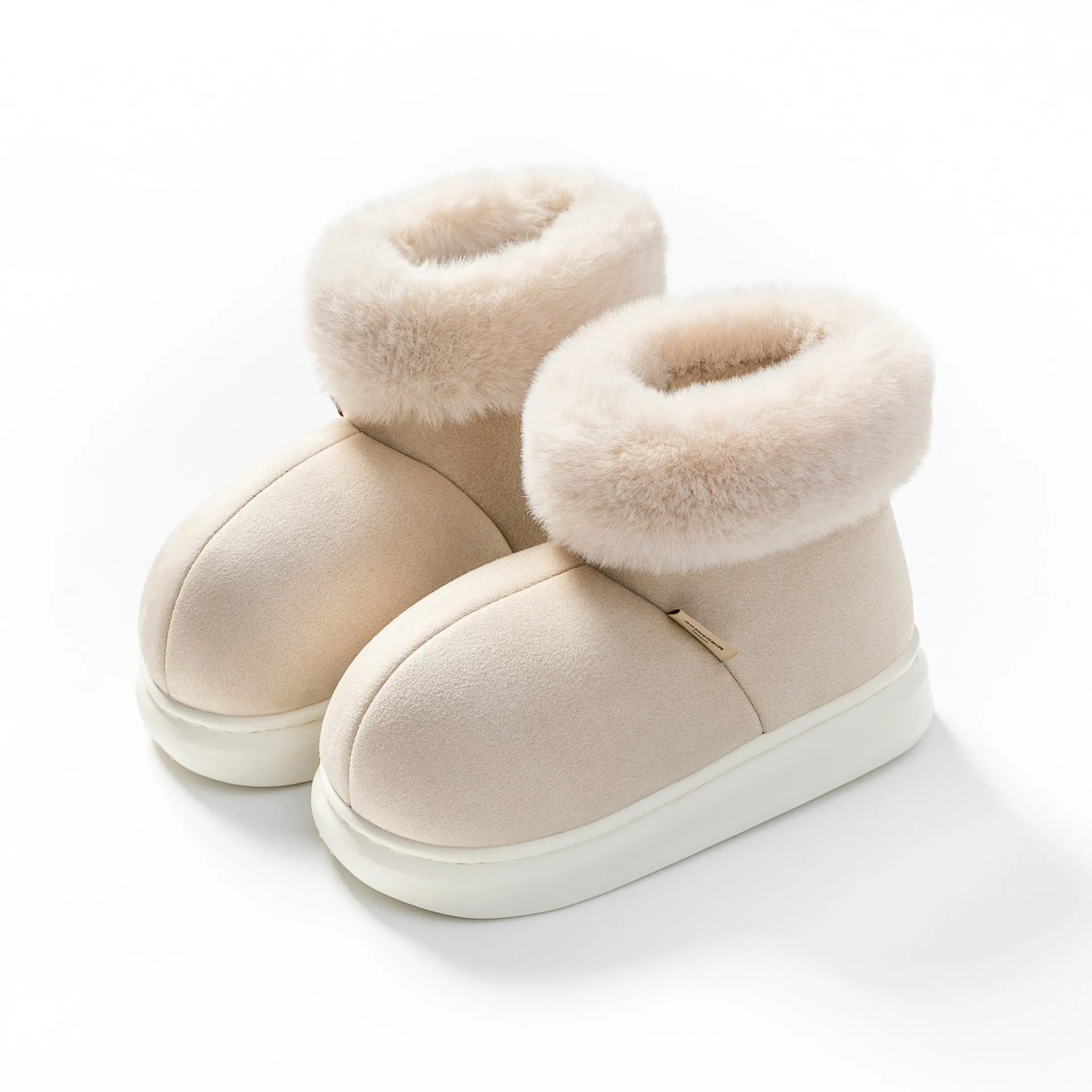 Women's plush winter snow boots with thick EVA sole, round toe, 3cm heel, in beige, green, khaki, pink, red