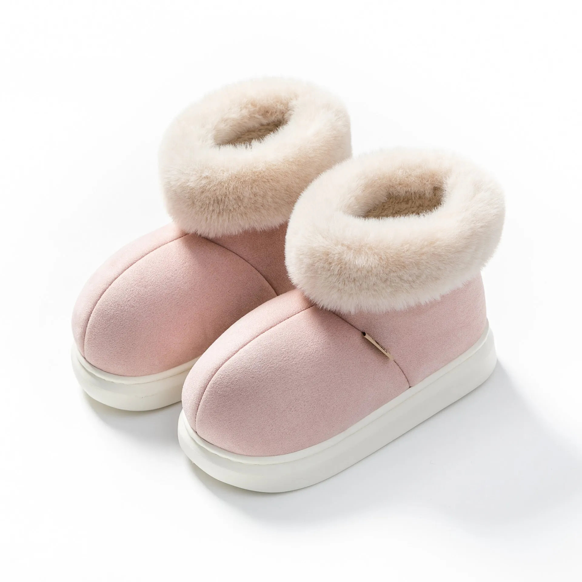 Women's plush winter snow boots with thick EVA sole, round toe, 3cm heel, in beige, green, khaki, pink, red
