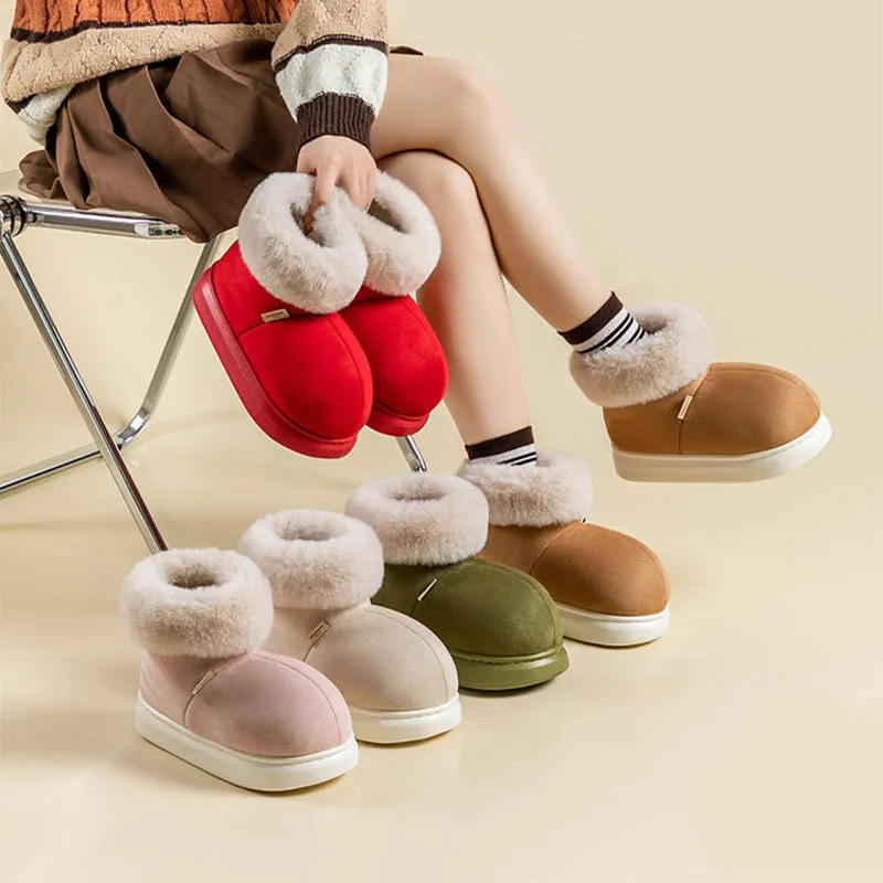 Women's plush winter snow boots with thick EVA sole, round toe, 3cm heel, in beige, green, khaki, pink, red