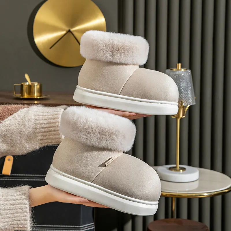 Women's plush winter snow boots with thick EVA sole, round toe, 3cm heel, in beige, green, khaki, pink, red