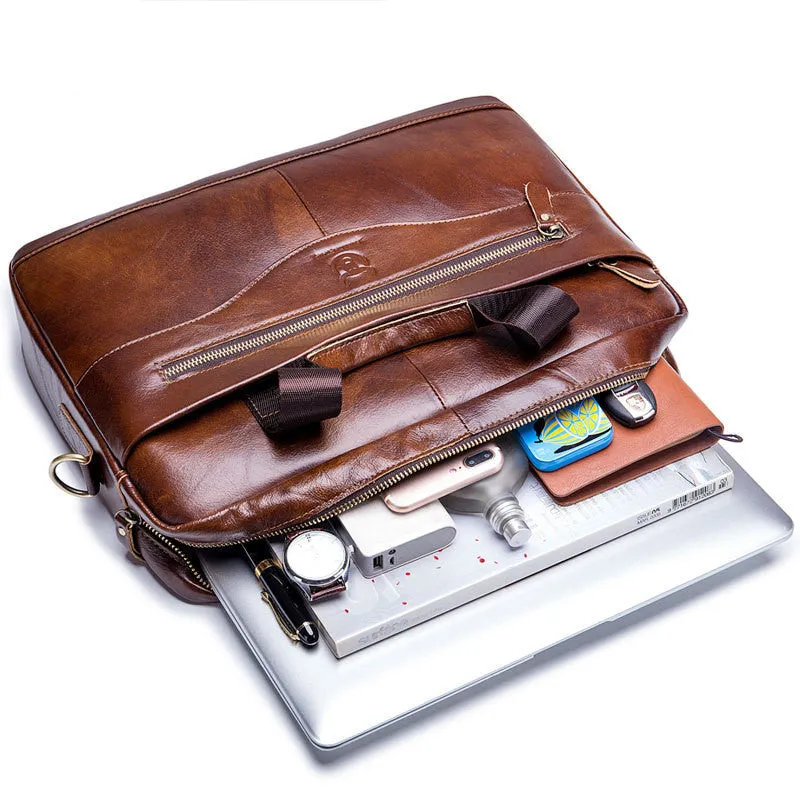 Captain cow leather briefcase 044 with brown first layer cowhide exterior and dedicated compartments