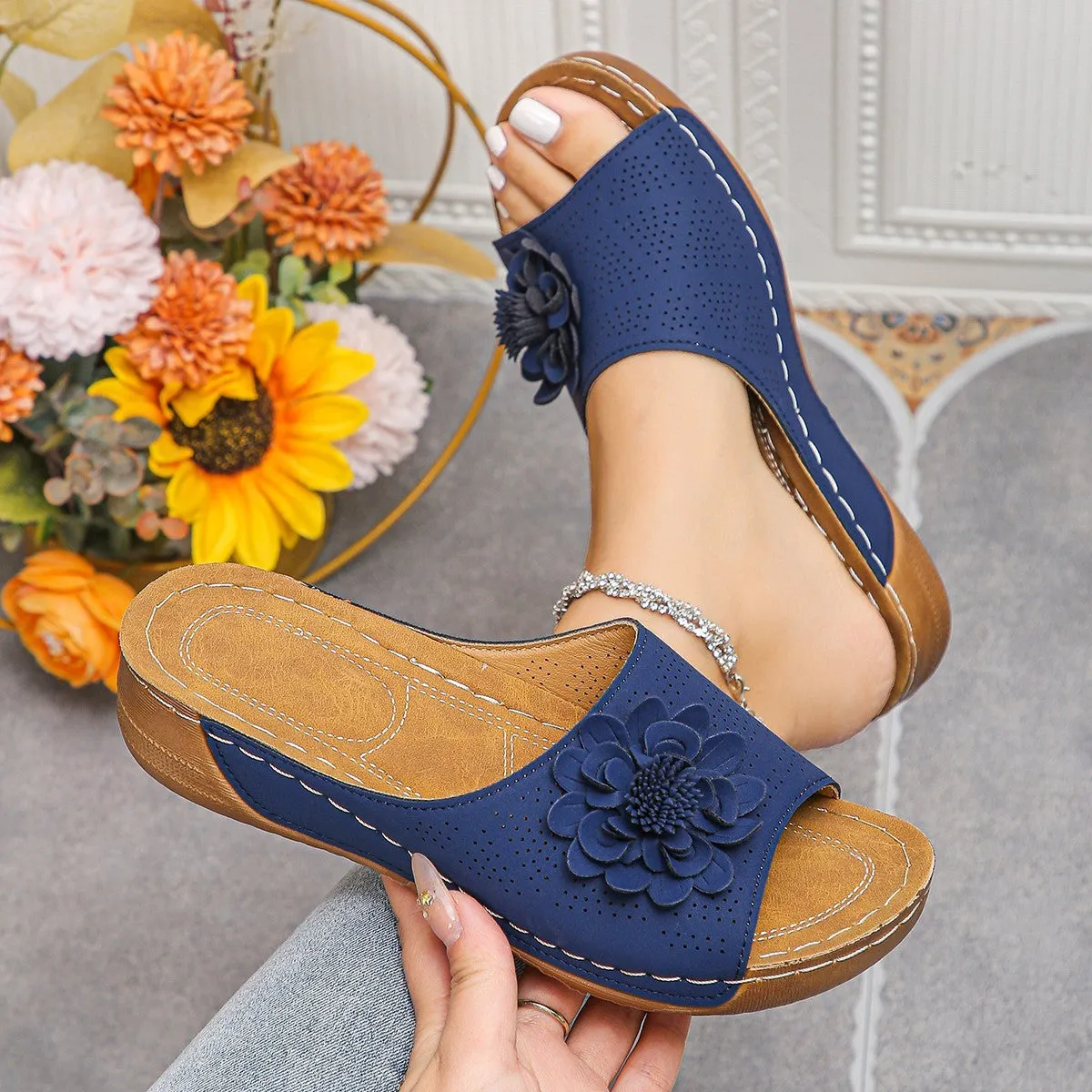 Women's flower wedges sandals with hollow retro cut-out design and fish mouth toe in beige colour