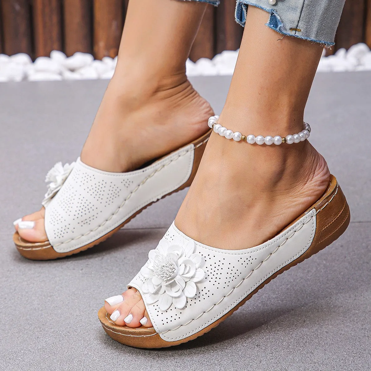 Women's flower wedges sandals with hollow retro cut-out design and fish mouth toe in beige colour
