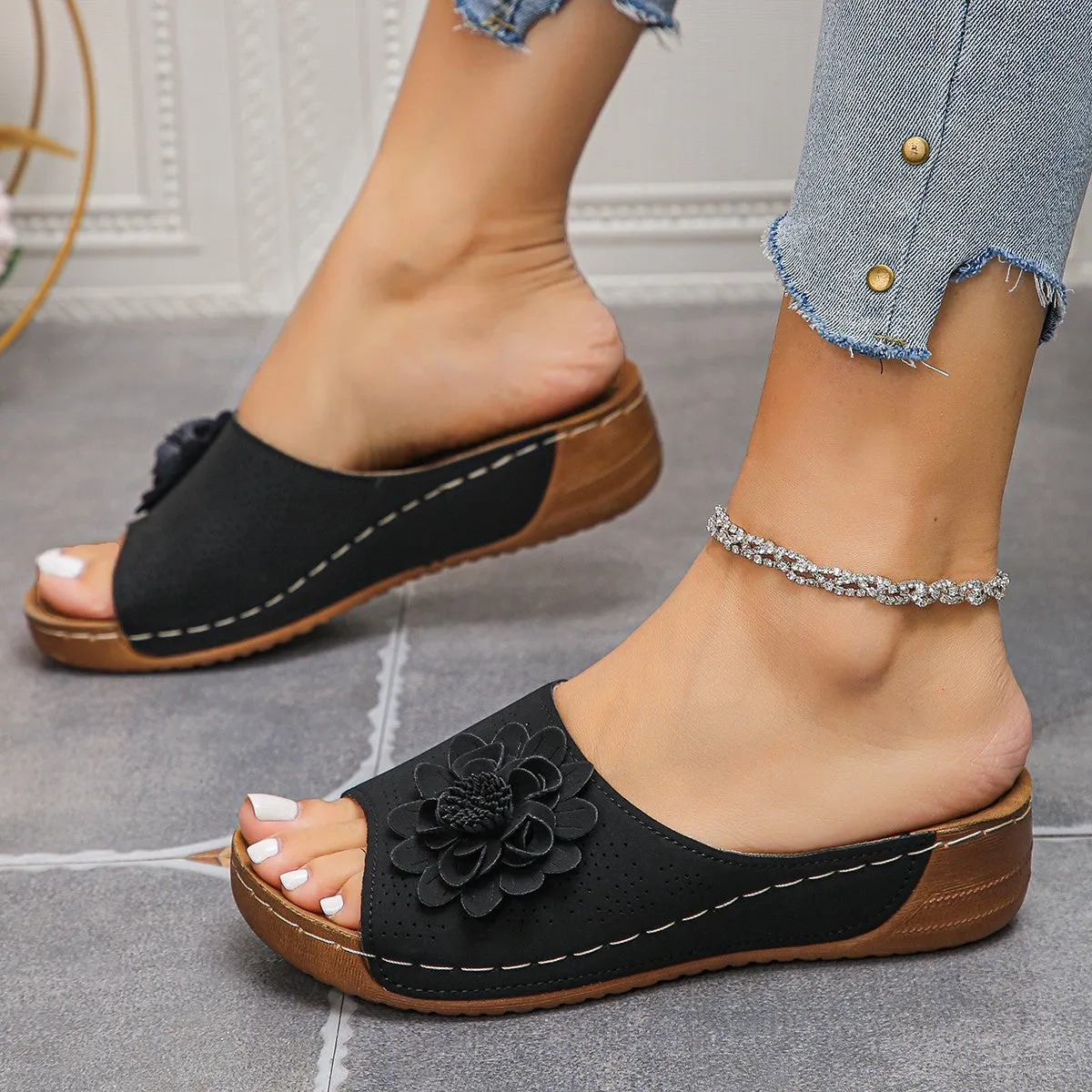 Women's flower wedges sandals with hollow retro cut-out design and fish mouth toe in beige colour