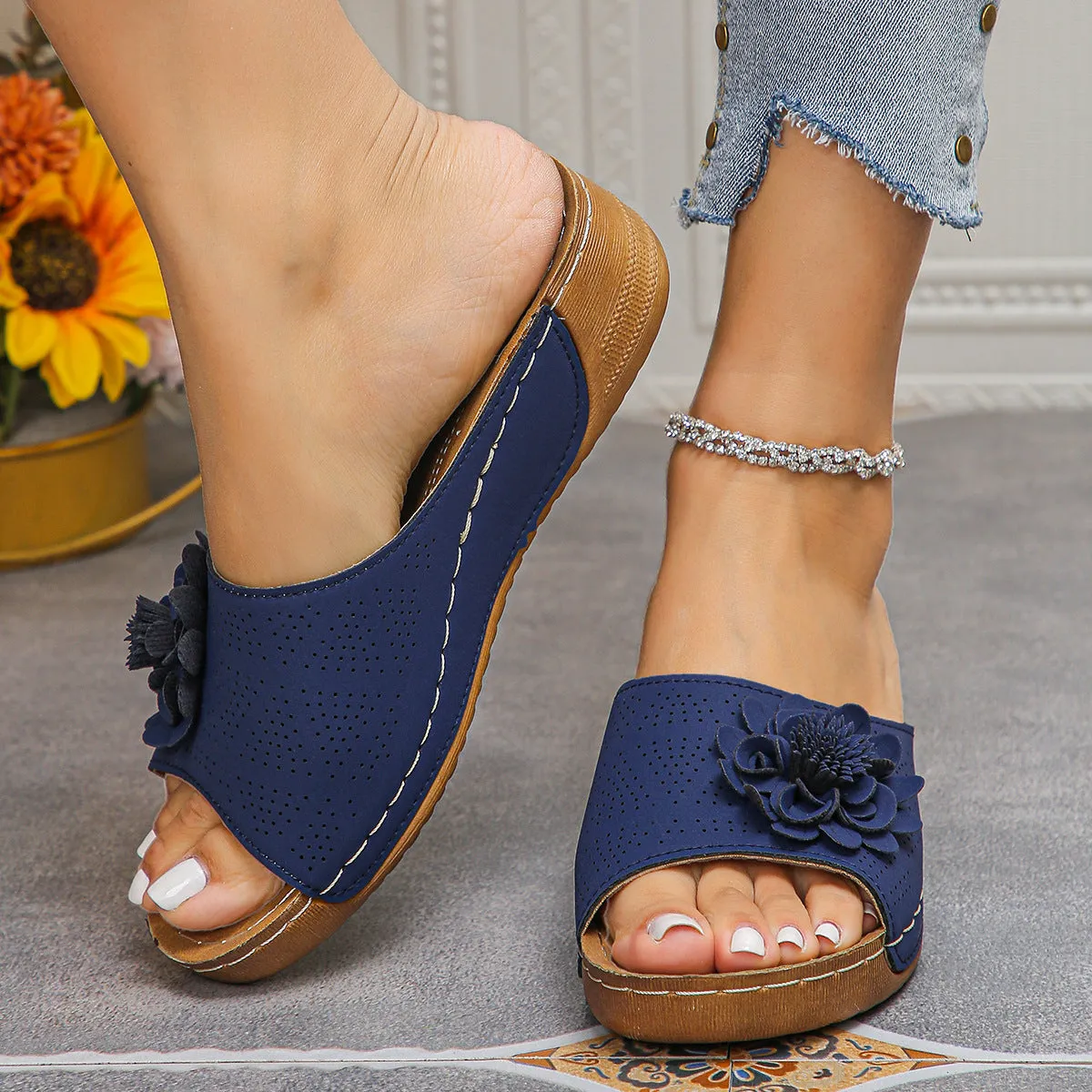 Women's flower wedges sandals with hollow retro cut-out design and fish mouth toe in beige colour