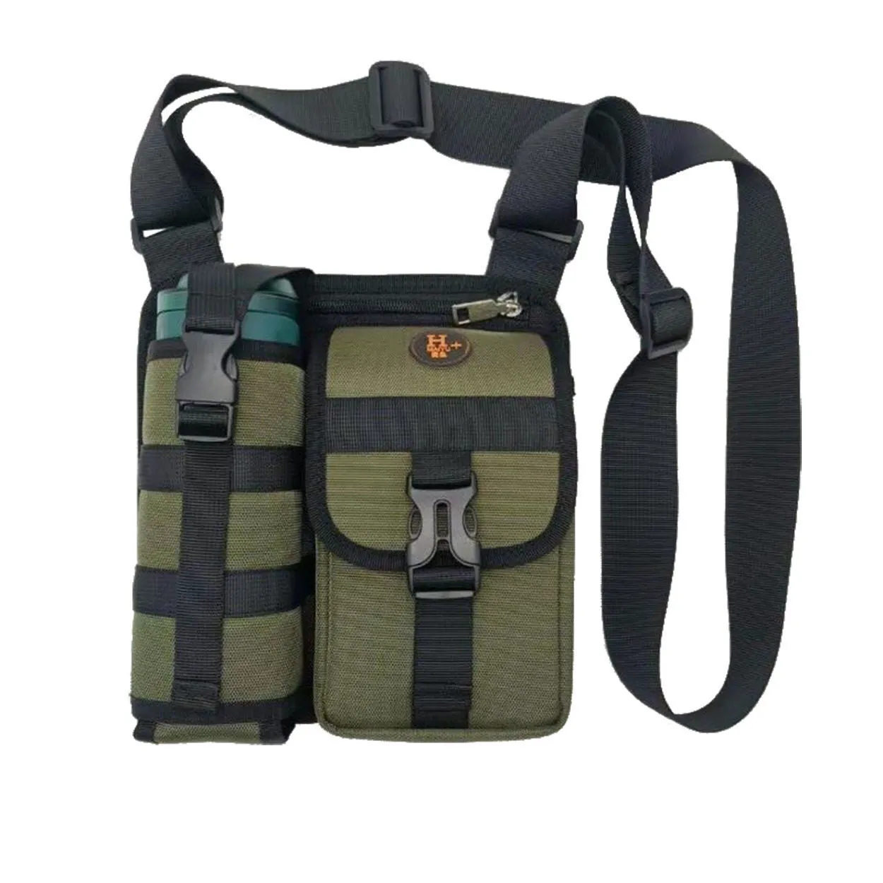 Medium shoulder messenger bag in army green Oxford cloth with shoulder strap and zip closure for men