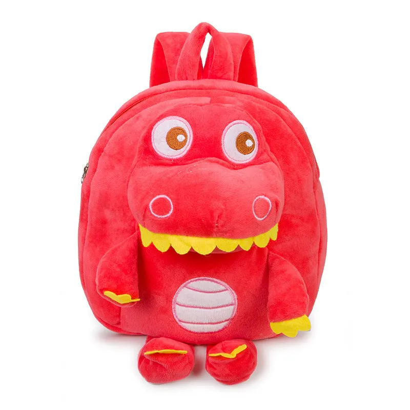 Soft plush dinosaur backpack for children with embroidery detailing in blue colour