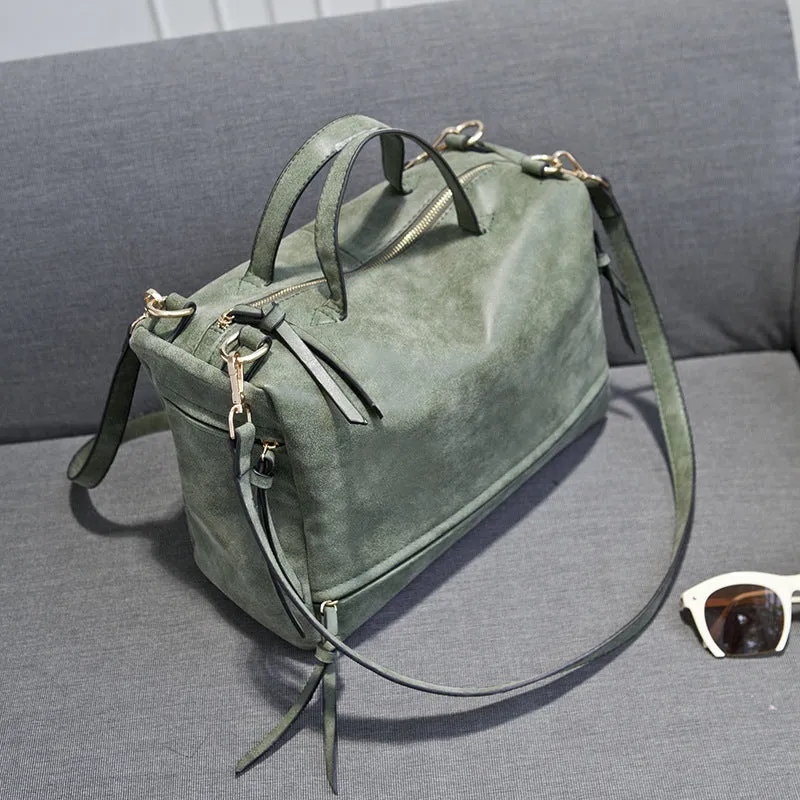 Retro matte leather shoulder bag in Army Green with adjustable long strap and multiple zipper pockets