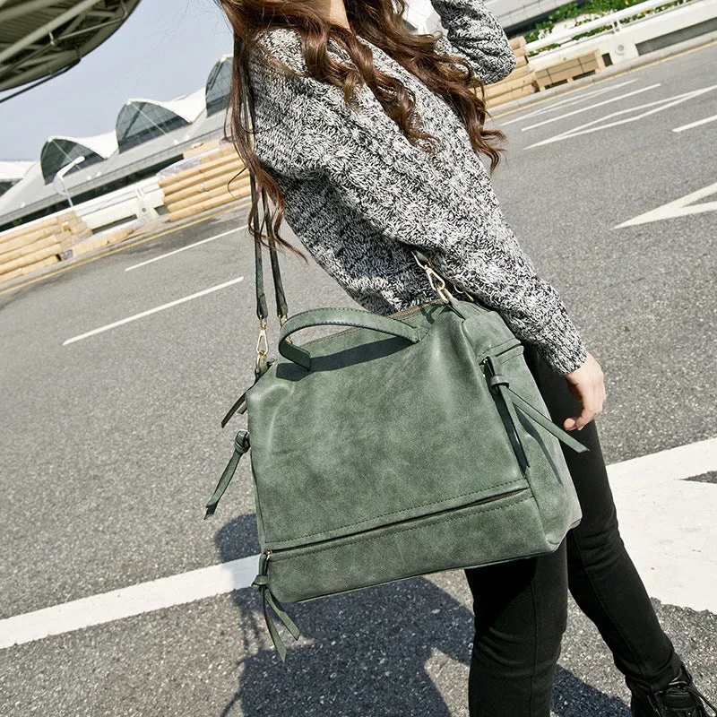 Retro matte leather shoulder bag in Army Green with adjustable long strap and multiple zipper pockets