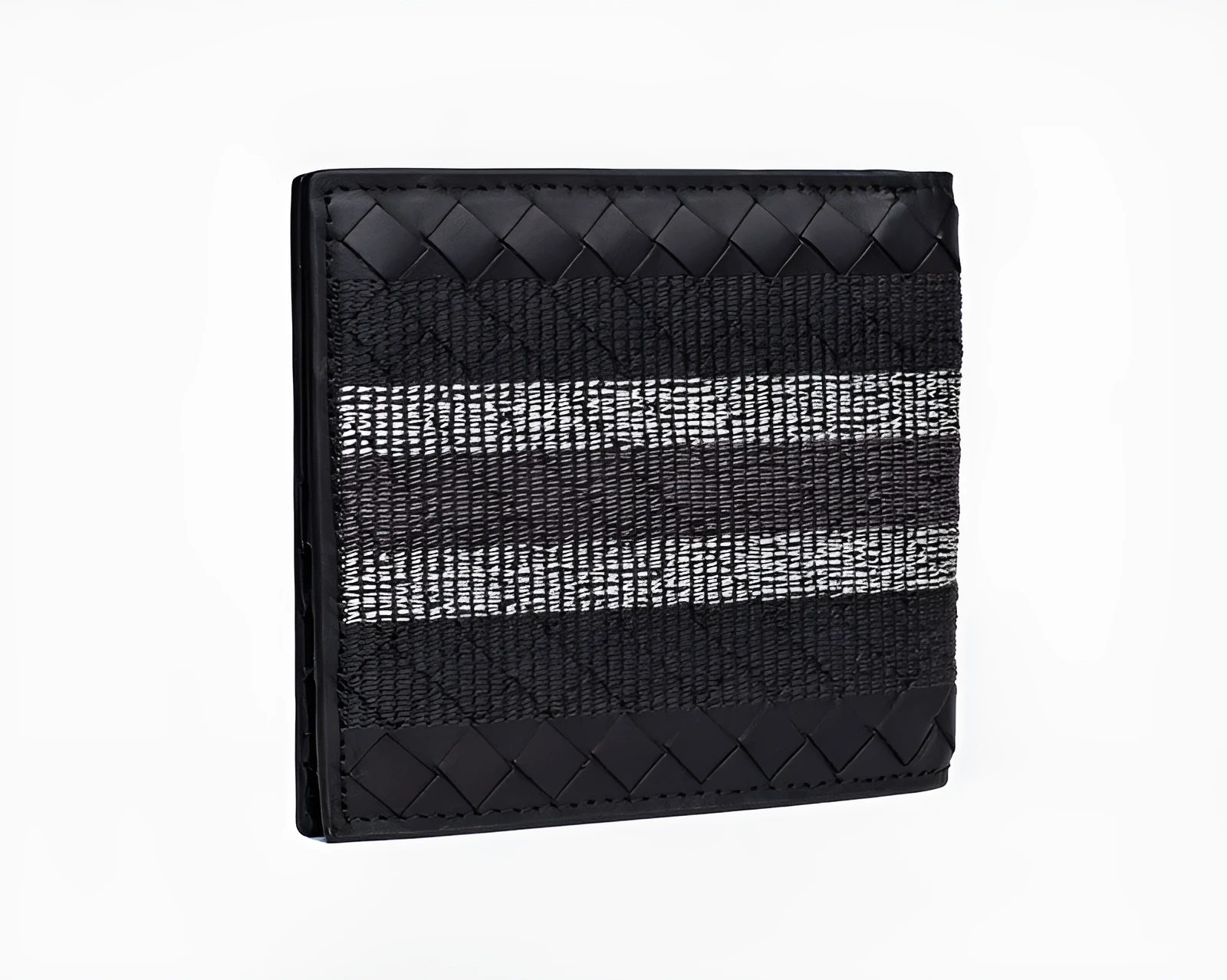Black hand-knitted cow leather woven folding wallet for men, 19cm width, striped embroidery design