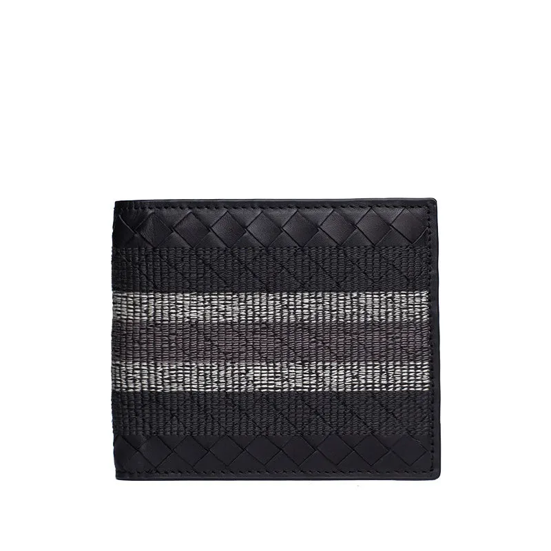 Black hand-knitted cow leather woven folding wallet for men, 19cm width, striped embroidery design