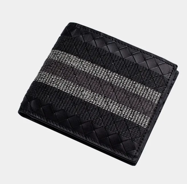 Black hand-knitted cow leather woven folding wallet for men, 19cm width, striped embroidery design
