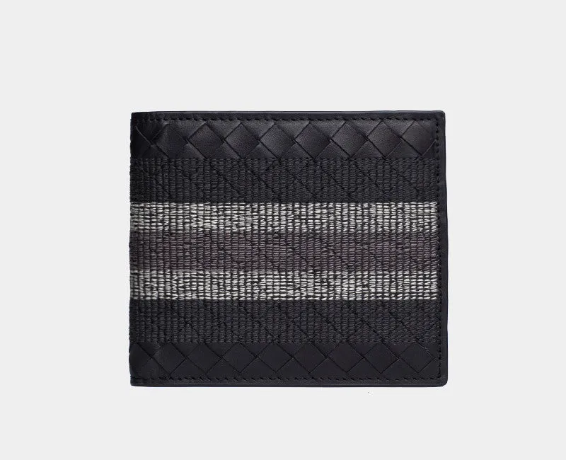 Black hand-knitted cow leather woven folding wallet for men, 19cm width, striped embroidery design