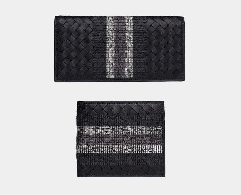 Black hand-knitted cow leather woven folding wallet for men, 19cm width, striped embroidery design