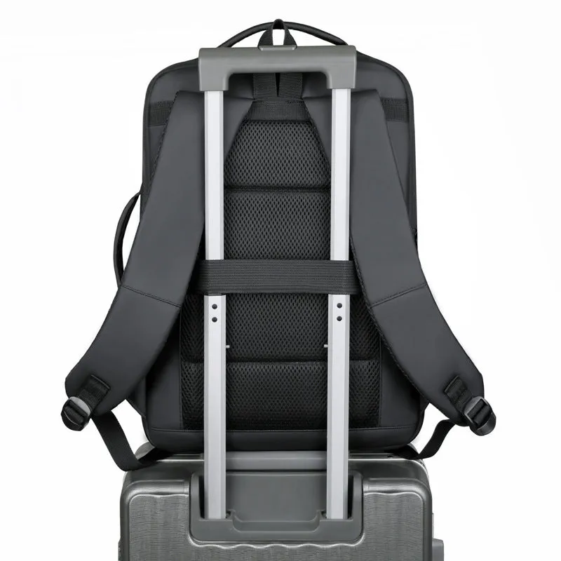 Black waterproof Oxford cloth business backpack with curved shoulder straps and derm leather detailing
