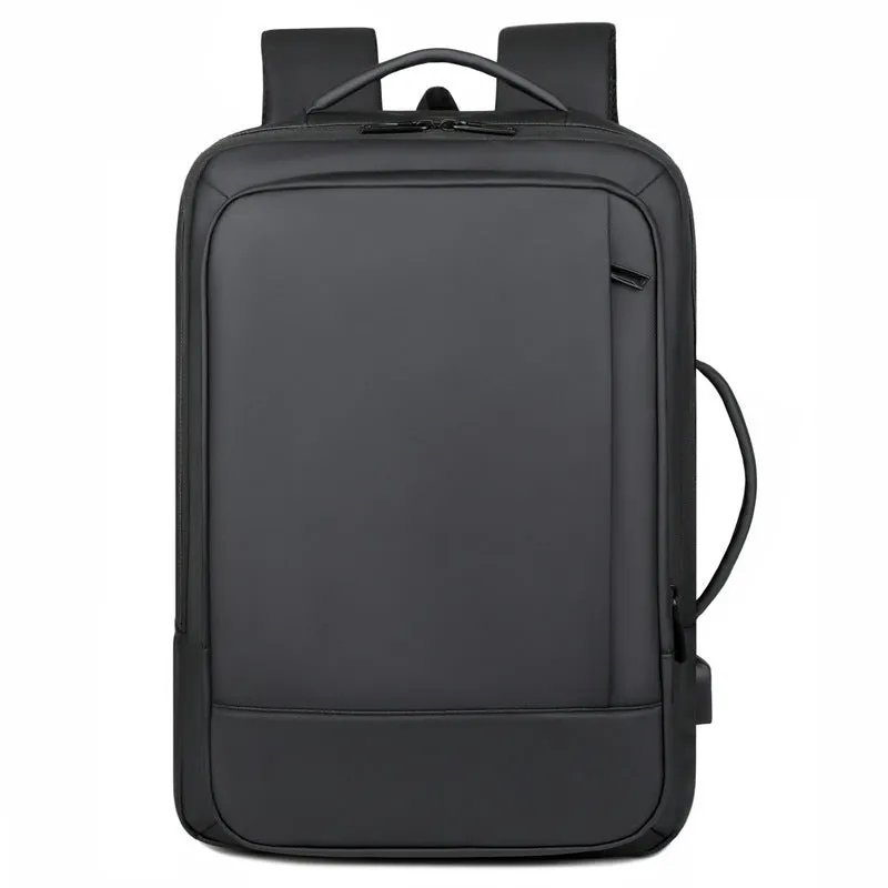 Black waterproof Oxford cloth business backpack with curved shoulder straps and derm leather detailing