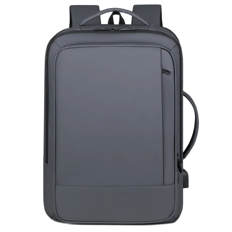 Black waterproof Oxford cloth business backpack with curved shoulder straps and derm leather detailing