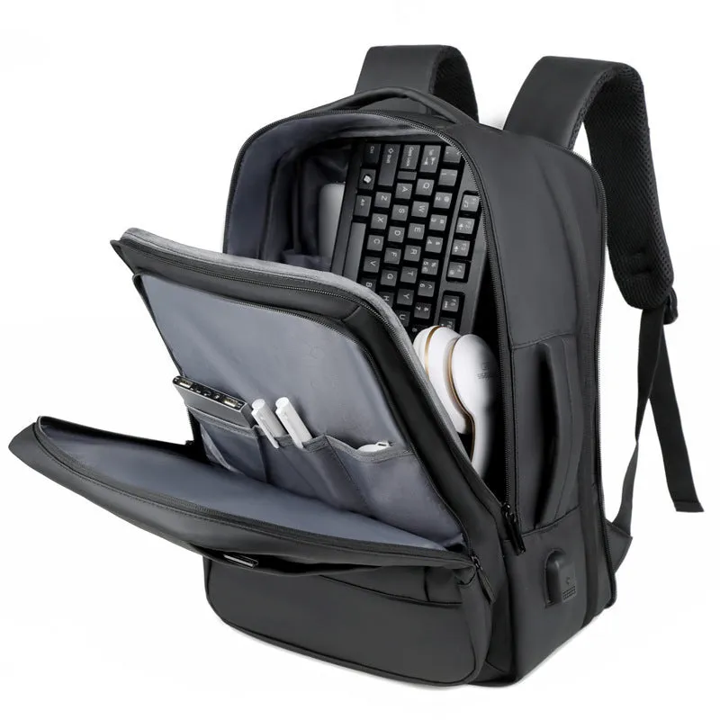 Black waterproof Oxford cloth business backpack with curved shoulder straps and derm leather detailing