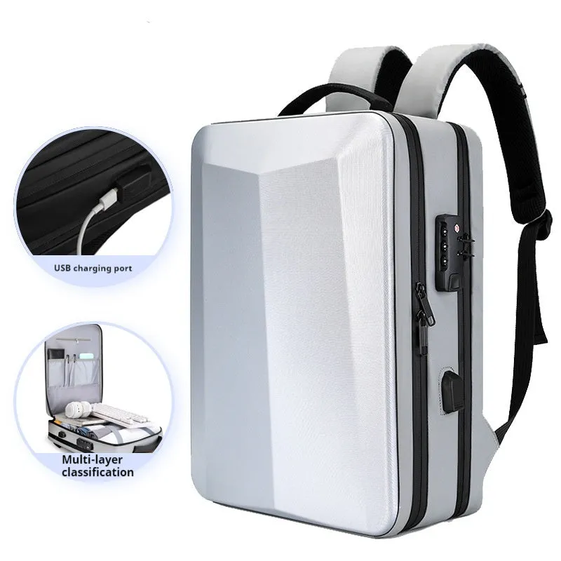 A black men's business backpack made of ABS PC and Oxford cloth, shown with curved shoulder straps.