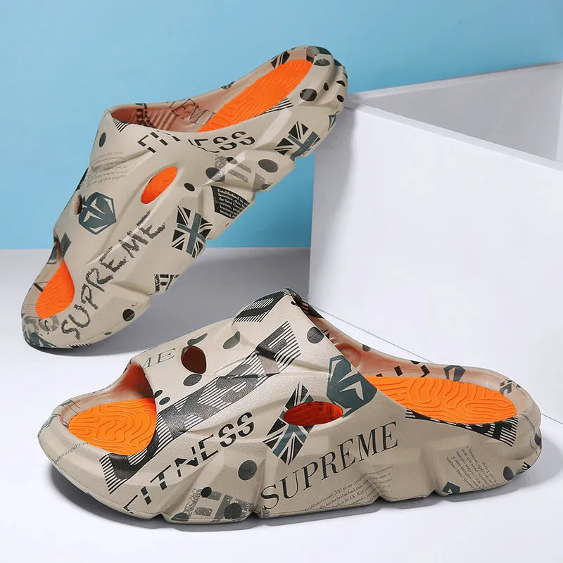 Men's platform slippers in beige with EVA injection-moulded sole, side view on a light background