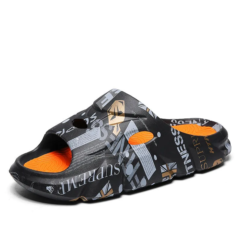 Men's platform slippers in beige with EVA injection-moulded sole, side view on a light background
