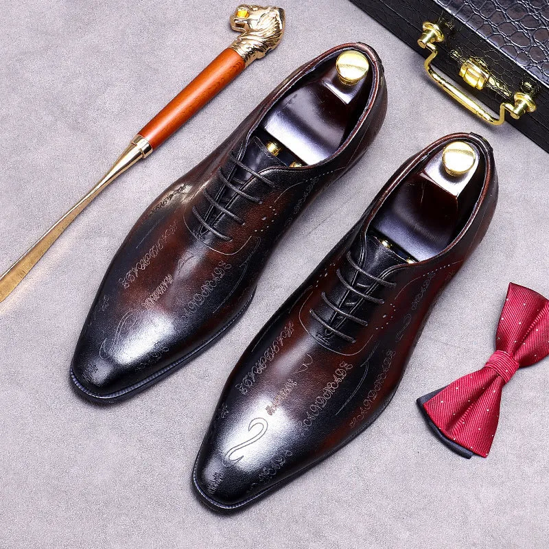 Men's business formal leather shoes in brown cowhide with pointy toe and rubber sole