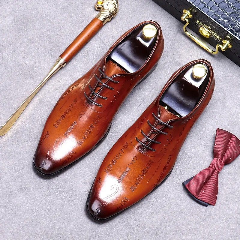 Men's business formal leather shoes in brown cowhide with pointy toe and rubber sole