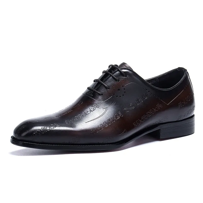 Men's business formal leather shoes in brown cowhide with pointy toe and rubber sole