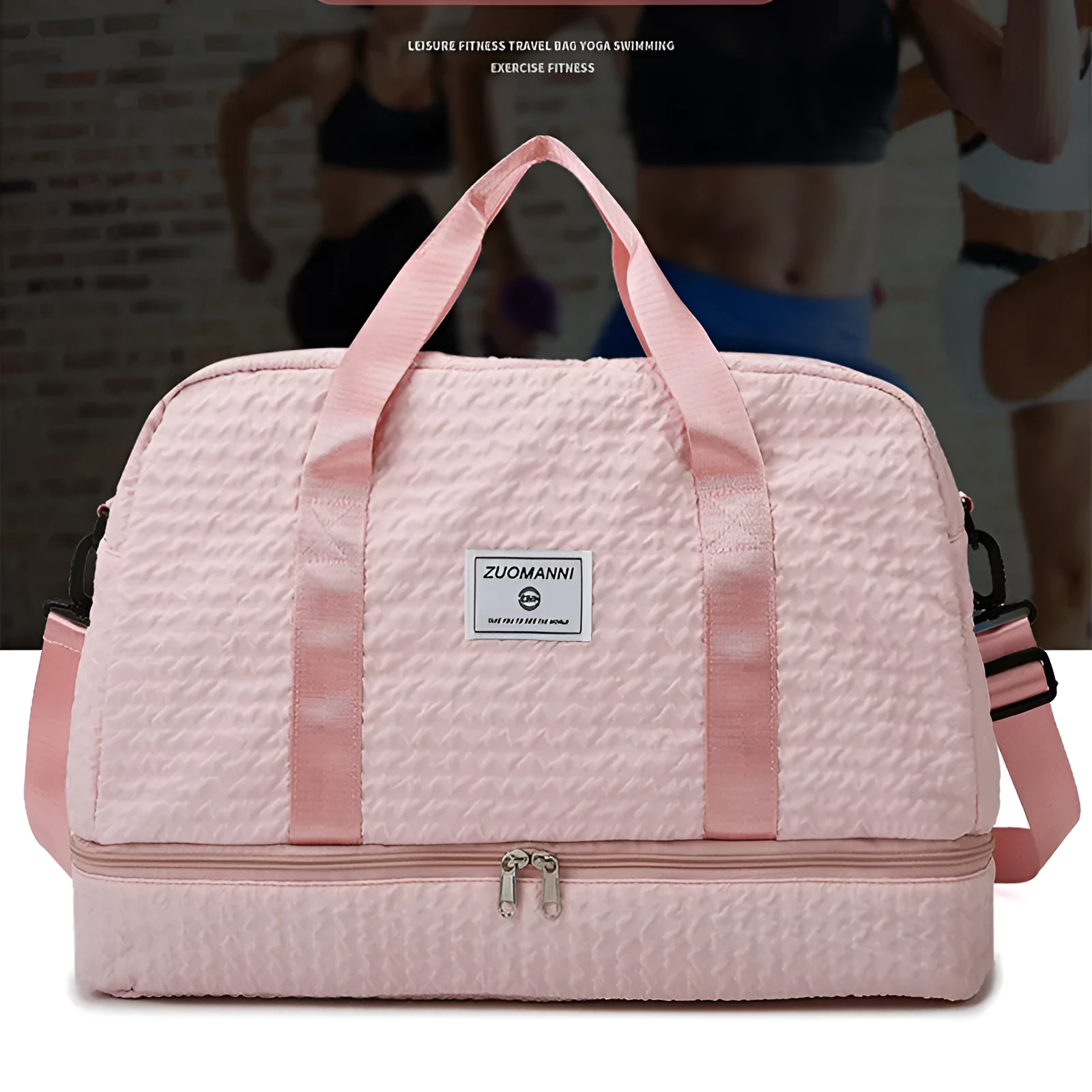 Solid colour Oxford cloth travel duffle bag with ruched design and dry wet separation, shown in a neutral colour