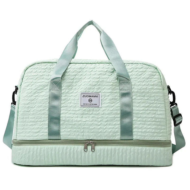 Solid colour Oxford cloth travel duffle bag with ruched design and dry wet separation, shown in a neutral colour