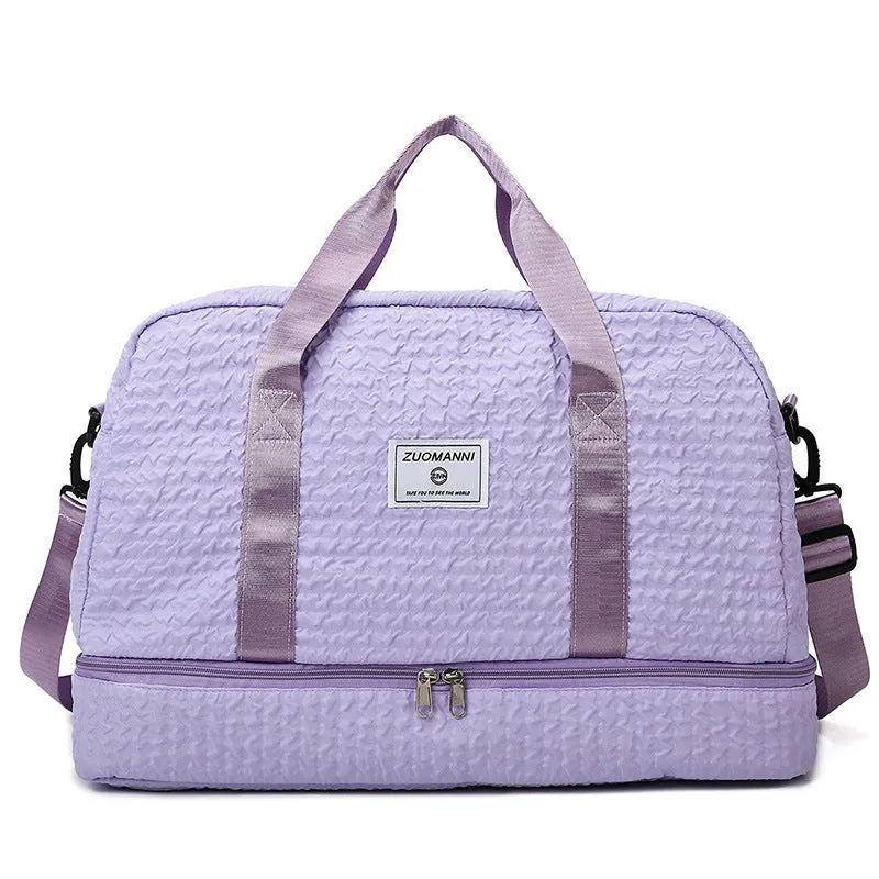Solid colour Oxford cloth travel duffle bag with ruched design and dry wet separation, shown in a neutral colour