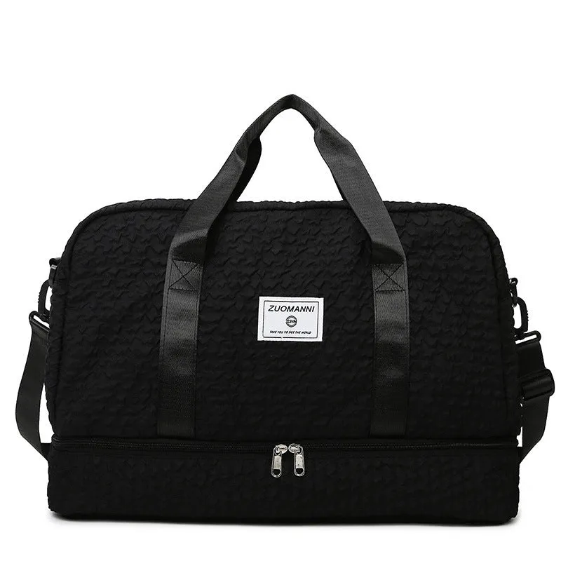 Solid colour Oxford cloth travel duffle bag with ruched design and dry wet separation, shown in a neutral colour