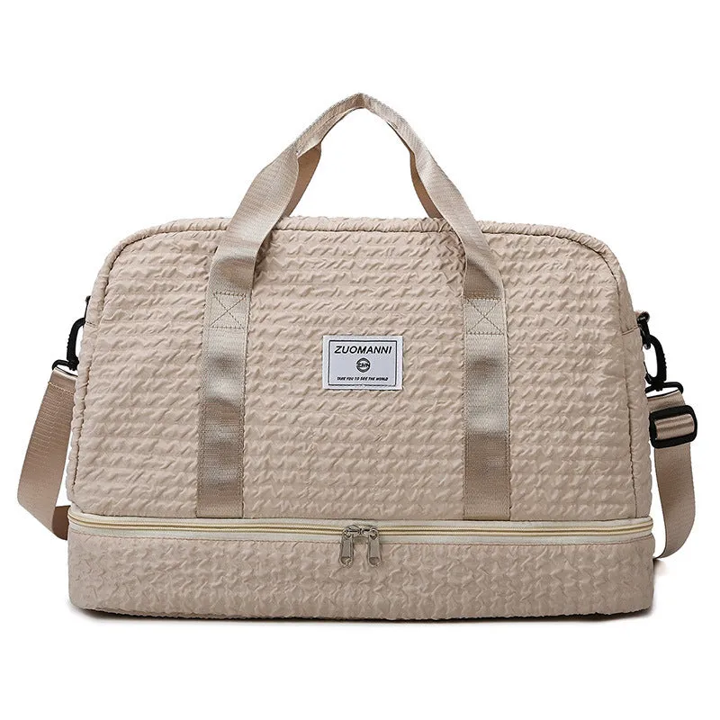 Solid colour Oxford cloth travel duffle bag with ruched design and dry wet separation, shown in a neutral colour