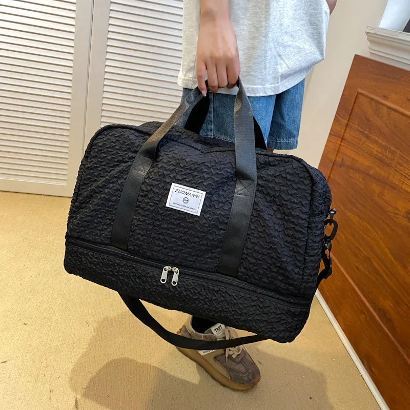 Solid colour Oxford cloth travel duffle bag with ruched design and dry wet separation, shown in a neutral colour