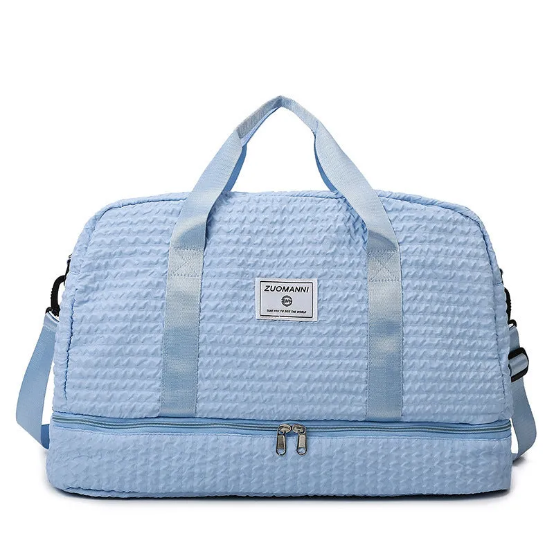 Solid colour Oxford cloth travel duffle bag with ruched design and dry wet separation, shown in a neutral colour