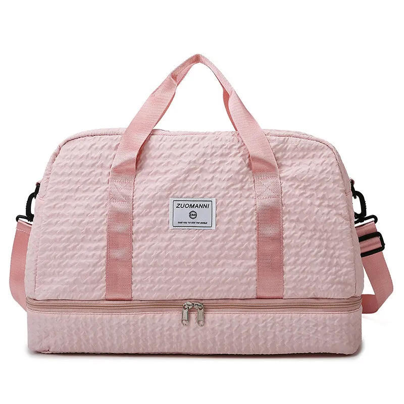 Solid colour Oxford cloth travel duffle bag with ruched design and dry wet separation, shown in a neutral colour