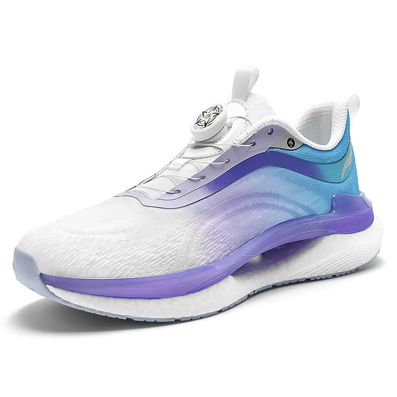 Men's high top mesh running shoes in cotton candy colour with buckle fastening and composite sole.